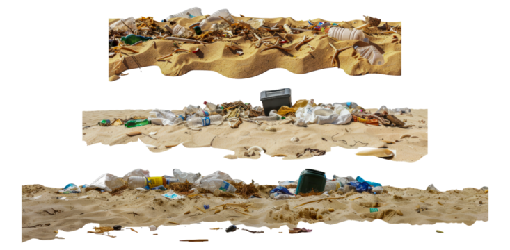 Environmental pollution with trash scattered on beach sand cut out png on transparent background