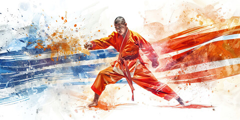 Thai Flag with a Muay Thai Fighter and a Buddhist Monk - Picture the Thai flag with a Muay Thai fighter representing Thailand's martial arts and a Buddhist monk