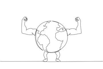 Single one line drawing globe raised both of his muscular arms. Have an active role in protecting the earth. Stay healthy for the sake of a green earth. Continuous line design graphic illustration