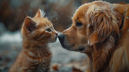 the enchanting moment as a baby cat and dog share a tender interaction, their noses touching in a gentle exploration of each other's scent, forging a bond that transcends species