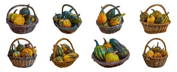 Assorted pumpkins in wicker baskets cut out png on transparent background