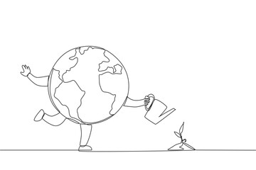 Continuous one line drawing globe watering plant seed. Plant plants with joy. Maintain air purity. Protecting the ecosystem. Keep the planet green. Save. Single line draw design vector illustration