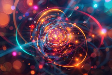 Obraz premium Unveiling the Microscopic: Elementary Particles Interact in a Quantum Field (Red, Orange, Purple)