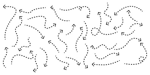 Varous dot style hand drawn black arrows set. Line dotted curve collection. Isolated graphic element.