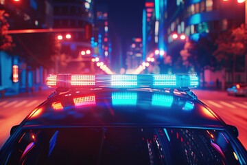 A police car patrolling the streets at night. Suitable for crime and urban scenes