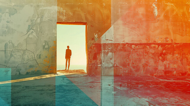Silhouette of a Man Standing at the Threshold of an Abstract Portal to Possibility