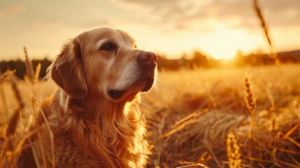 Golden retriever delight: majestic canine basks in sunset glow on vast meadow