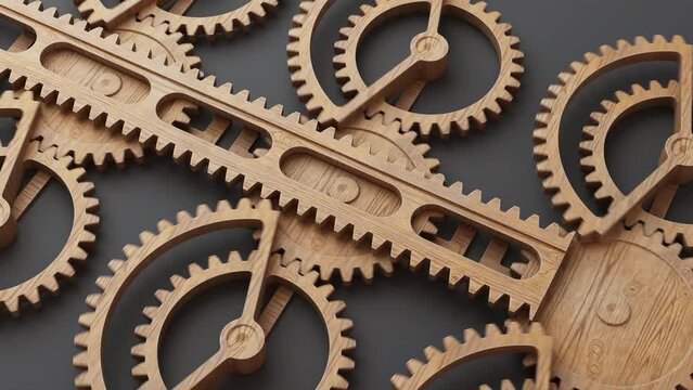 Looping animation of a group of wooden gears using a wooden gear rack. Looped movement. Close-up