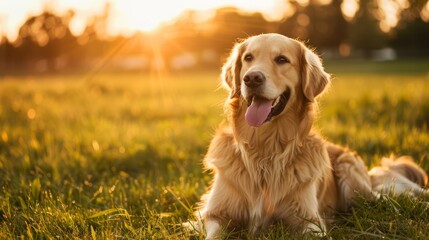 Golden retriever delight: majestic canine basks in sunset glow on vast meadow