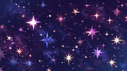 Illustration of twinkling stars in a white cartoon flat 2d doodle style with the stars blinking and glittering against a black background to recreate the magic of a starry night sky