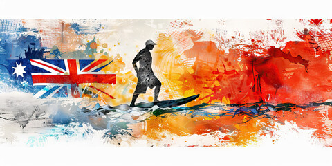 The Australian Flag with an Aboriginal Artist and a Lifesaver - Visualize the Australian flag with an Aboriginal artist representing Australia's indigenous culture and a lifesaver