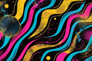 An abstract background reminiscent of the vibrant and eclectic style of the 80s era