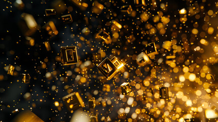 Gold and black colors, latin or exotic language letters are scattered in the air representing an enigma