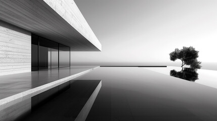Black & white infinity pool. Still water reflects clean architecture. Minimalist luxury.