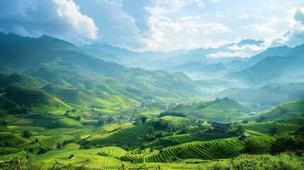Fototapeta na wymiar This is an image of terraced rice fields in Vietnam. The rice fields are located in a valley and are surrounded by mountains. The sky is blue and there are some clouds.