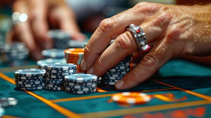 Close-up of a hand placing chips on a casino table, with a blurred backdrop of colorful casino lights.