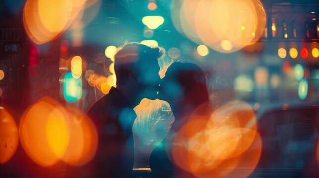 A blurred vision of a couple leaning in for a tender kiss framed by hazy lights and out of focus movie screens captured in a moment of pure intimacy on their date night. .