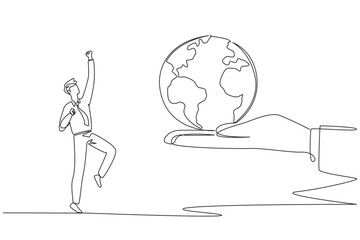 Single continuous line drawing the businessman is excited to get the globe from the giant hand. Get a promotion of positions in the newly opened business branch. One line design vector illustration