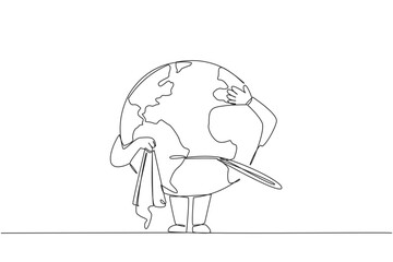 Continuous one line drawing globe chews thermometer while holding handkerchief. Imbalance occurs. The earth's temperature is getting warmer. Global warming. Single line draw design vector illustration