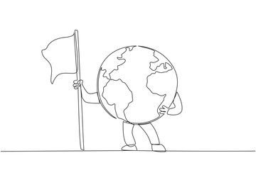 Single one line drawing globe holding a fluttering flag. Wind blow slowly. Fresh air. Some of the characteristics of the earth are still in good condition. Continuous line design graphic illustration