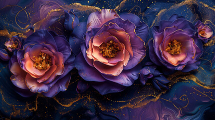 Luxurious roses purple and gold abstract background, alcohol ink digital painting with glittering golden threads in the style of abstract expressionism