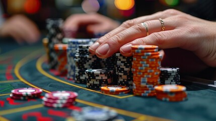 Close-up of a hand placing chips on a casino table, with a blurred backdrop of colorful casino lights.