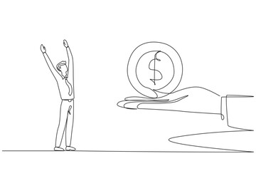 Continuous one line drawing the businessman is excited to get a dollar symbol coin from a giant hand. The most important gift. Can be used for urgent needs. Single line draw design vector illustration