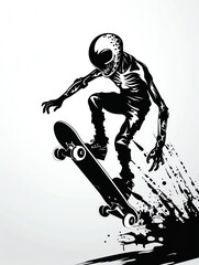 A black and white illustration of a skeleton doing an ollie on a skateboard.