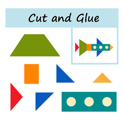 Educational paper game for kids. Cut parts of the image and glue on the paper. DIY worksheet. Vector illustration of rocket from geometric shapes.