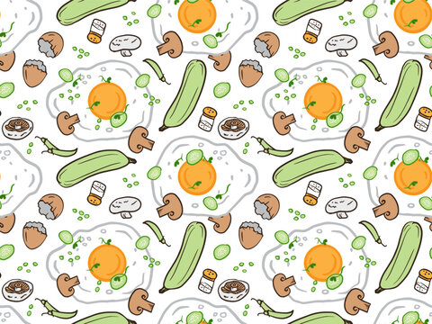 fried egg seamless pattern, mushrooms, zukkini, oil, vegetables. breakfast doodle cartoon style for greeting card, poster, sticker, textile print, menu, cookbook design, package, cover, wrapping paper