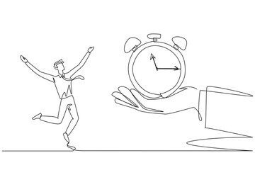 Single one line drawing the businessman was excited to get alarm clock from a giant hand. Most important gift. Work as best as possible. Time will follow. Continuous line design graphic illustration