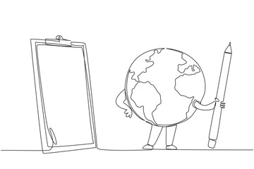 Single continuous line drawing the globe poses holding a large pencil in front of a clipboard. Make a list of what needs to be done to keep the earth green. Saving. One line design vector illustration