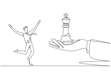 Single continuous line drawing businessman was excited to get king's chess piece from giant hand. Getting support from people is important to continue the business. One line design vector illustration