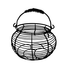 Traditional egg basket.  farming outline hand drawn illustration for poster, flyer, farm products package, book design. poultry farming, egg production symbol. container, basket, box