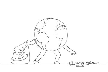 Single one line drawing globe picks up scattered rubbish. The best and simple example of protecting the earth. Throw garbage in its place. Saving planet. Continuous line design graphic illustration