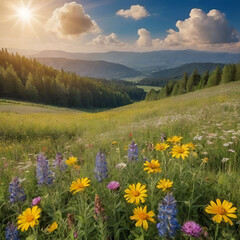 spring-summer flower meadow in the foothills
