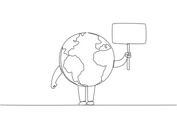Single continuous line drawing globe holds a small board. Invitation from the earth. Protect the beauty of the earth. Maintain natural beauty. Eliminate pollution. One line design vector illustration