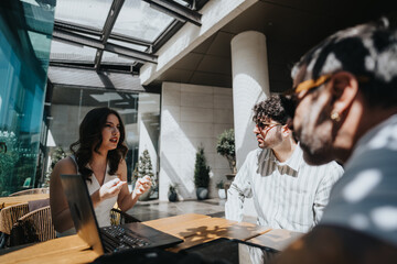 A multi-generational group of entrepreneurs engages in a brainstorming session at a modern coffee bar, strategizing for business success and discussing reports.