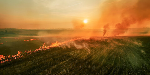 Naklejka na ściany i meble Fiery Sunset Over Burning Farmland Controlled Agricultural Fire
