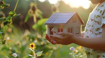 boy hands holding a modern solar cell house model, green hill and many tree wide shot blurry in background