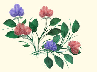 Summer bouquet of five red and blue flowers with petals, painted with watercolor brushes. Vector grouped illustration on a light background.