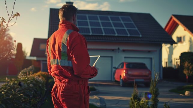 Working on the Go: Worker in Red Overalls Checking Details on Tablet. solar panels concept.