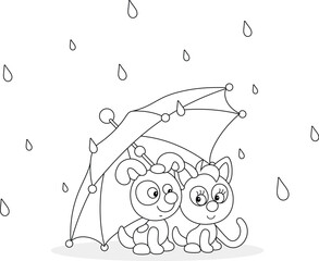 Happy little puppy and kitty hiding from summer rain under a beautiful striped umbrella, black and white vector cartoon illustration for a coloring book