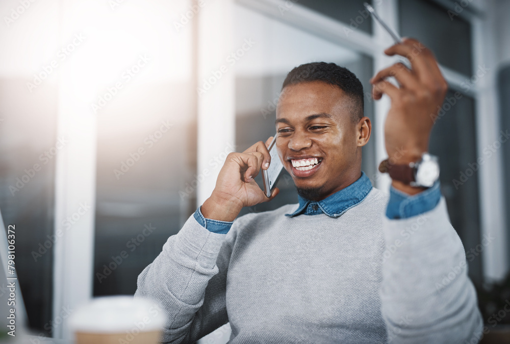 Poster business, man and phone call and talking in office, tech and networking for work connections with sm
