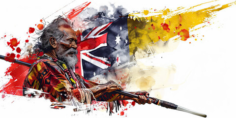 Australian Flag with an Aboriginal Elder and a Surfer - Visualize the Australian flag with an Aboriginal elder representing Australia's indigenous culture and a surfer