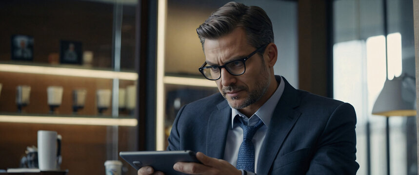 businessman using a tablet to analyze data in a variety of settings, such as a coffee shop, a park, and a library, with each scene featuring a different aspect ratio to highlight the adaptability
