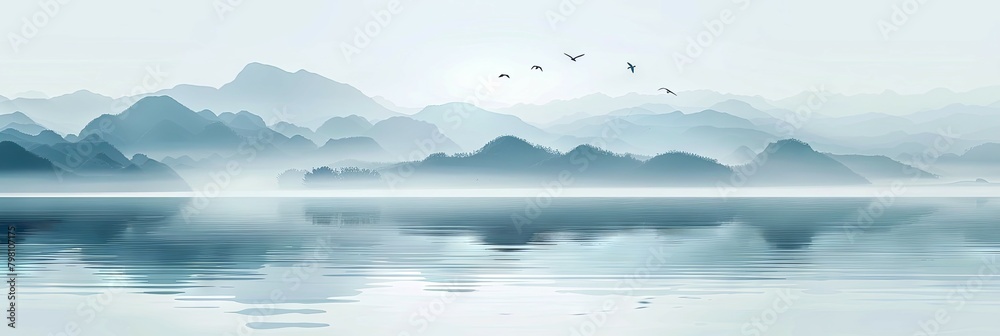 Canvas Prints Ethereal Landscape with Misty Mountains and Tranquil Lake Reflecting the Serene Sky