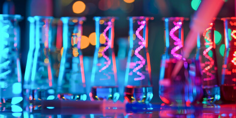 Colorful Neon Lights Reflecting on Cocktail Glasses in Modern Bar