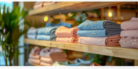 Colorful Stack of Clothes on Wooden Shelves in a Boutique