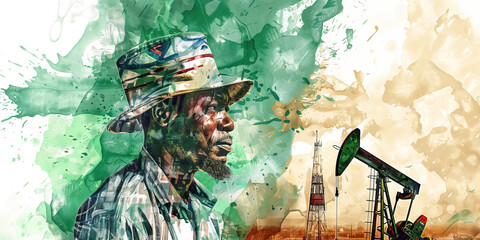 Nigerian Flag with a Yoruba Chief and an Oil Worker - Imagine the Nigerian flag with a Yoruba chief representing Nigeria's diverse culture and an oil worker